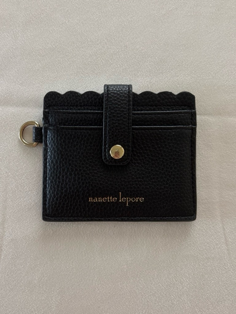 Nanette Lepore Black Pebbled Leather Card Wallet with Scalloped Edge